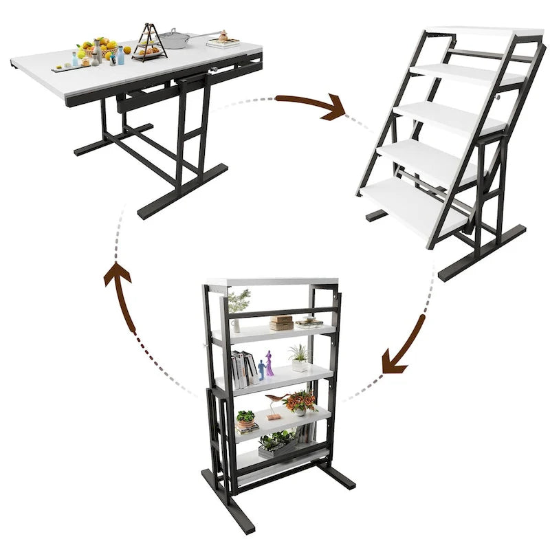 Tavolo da Pranzo Multifunzione Convertibile in Legno Massello di Mogano, Scaffale Salvaspazio con Interruttore Libero per Casa e Studio, Finitura Bianca