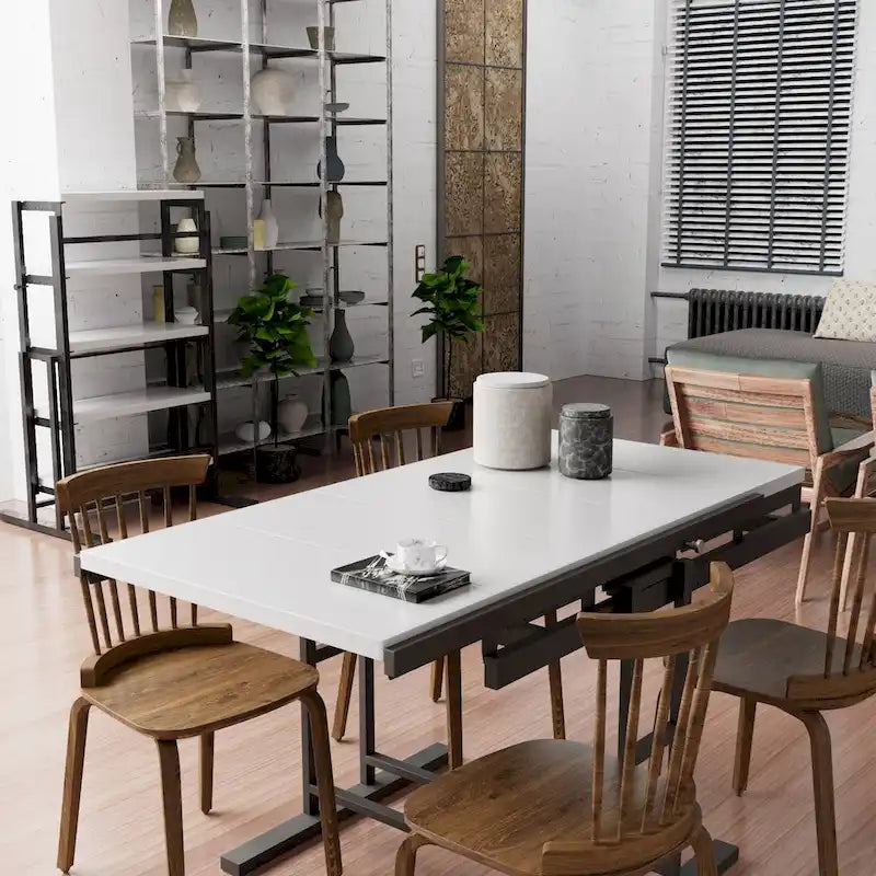 Tavolo da Pranzo Multifunzione Convertibile in Legno Massello di Mogano, Scaffale Salvaspazio con Interruttore Libero per Casa e Studio, Finitura Bianca