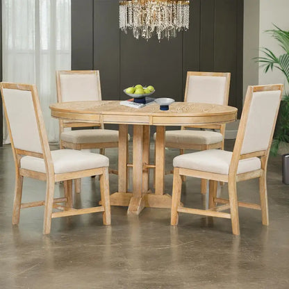 5-Piece Dining Set Extendable Round Table and 4 Upholstered Chairs Farmhouse Dining Set for Kitchen, Dining Room