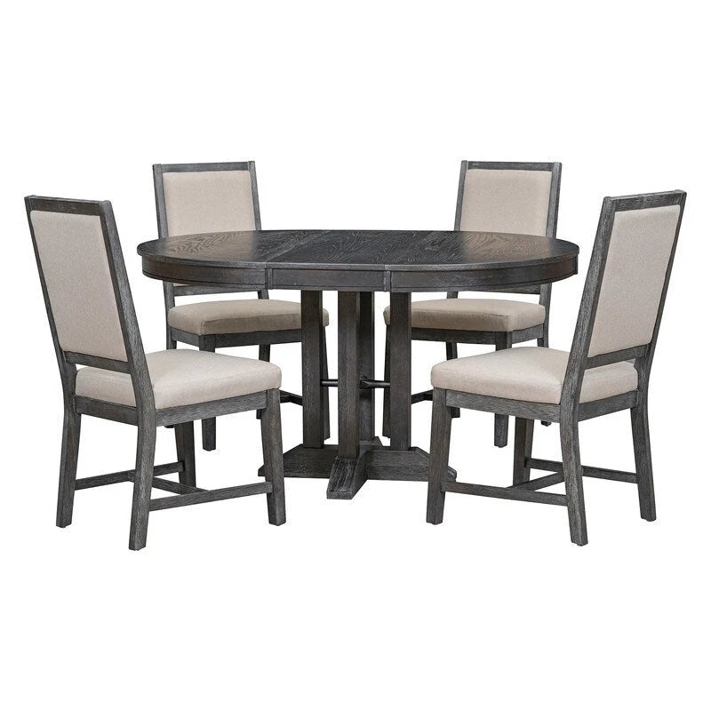 5-Piece Dining Set Extendable Round Table and 4 Upholstered Chairs Farmhouse Dining Set for Kitchen, Dining Room