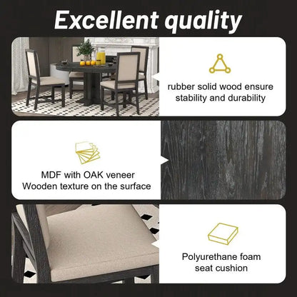 5-Piece Dining Set Extendable Round Table and 4 Upholstered Chairs Farmhouse Dining Set for Kitchen, Dining Room