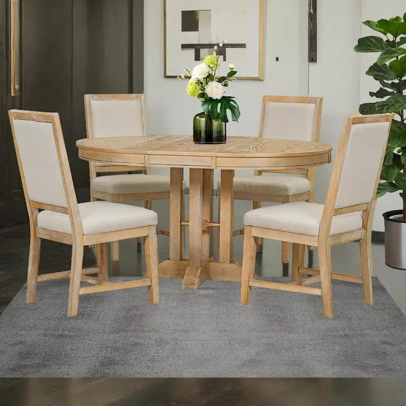 5-Piece Dining Set Extendable Round Table and 4 Upholstered Chairs Farmhouse Dining Set for Kitchen, Dining Room