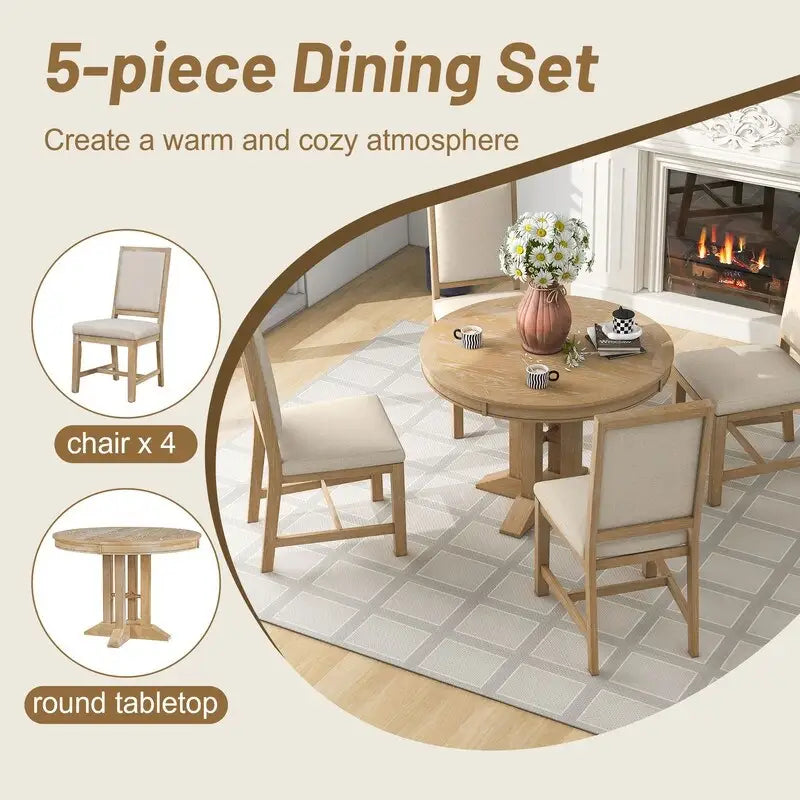 5-Piece Dining Set Extendable Round Table and 4 Upholstered Chairs Farmhouse Dining Set for Kitchen, Dining Room