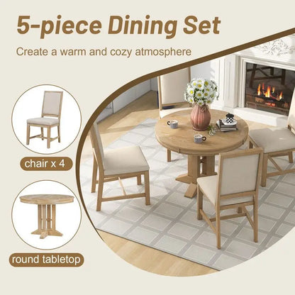 5-Piece Dining Set Extendable Round Table and 4 Upholstered Chairs Farmhouse Dining Set for Kitchen, Dining Room