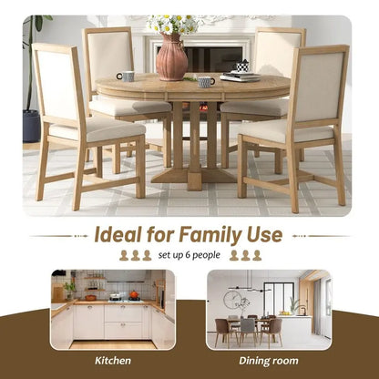 5-Piece Dining Set Extendable Round Table and 4 Upholstered Chairs Farmhouse Dining Set for Kitchen, Dining Room