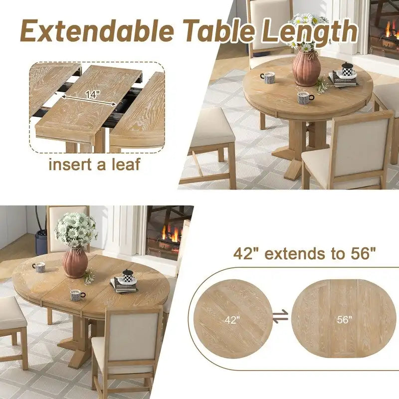 5-Piece Dining Set Extendable Round Table and 4 Upholstered Chairs Farmhouse Dining Set for Kitchen, Dining Room