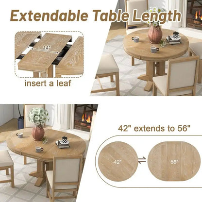 5-Piece Dining Set Extendable Round Table and 4 Upholstered Chairs Farmhouse Dining Set for Kitchen, Dining Room