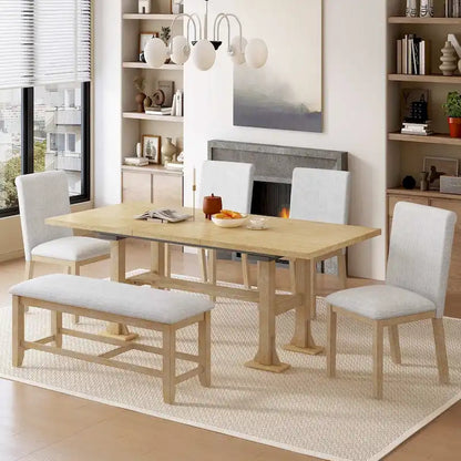 Farmhouse 6 PCS Extending Dining Table Set for 6 with Shelf Base