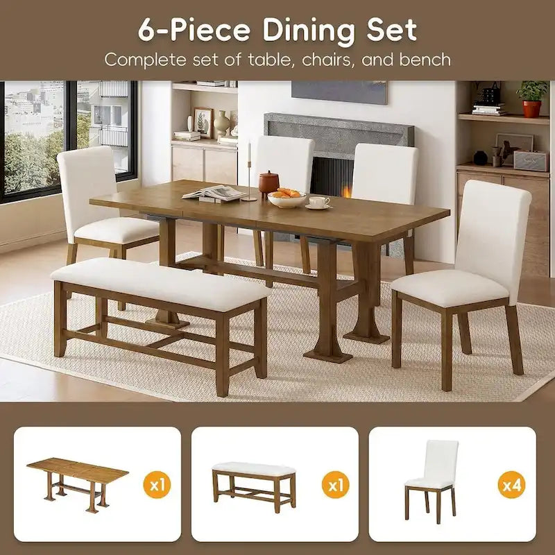 Farmhouse 6 PCS Extending Dining Table Set for 6 with Shelf Base