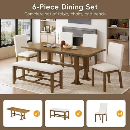 Farmhouse 6 PCS Extending Dining Table Set for 6 with Shelf Base