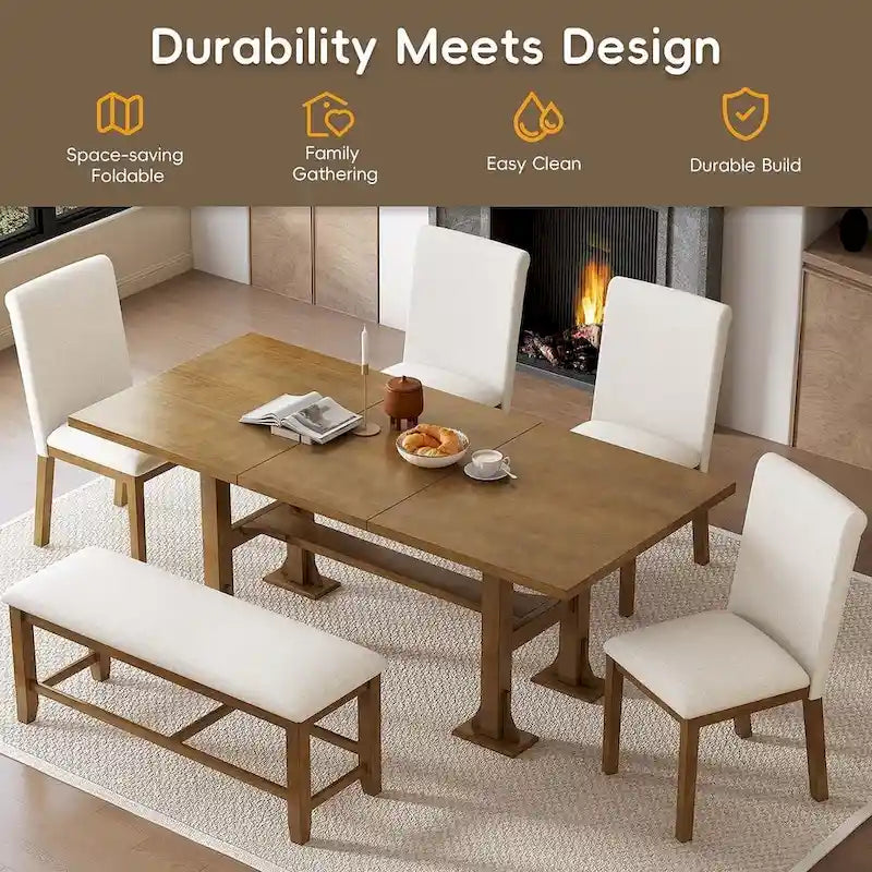 Farmhouse 6 PCS Extending Dining Table Set for 6 with Shelf Base
