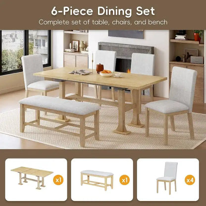 Farmhouse 6 PCS Extending Dining Table Set for 6 with Shelf Base