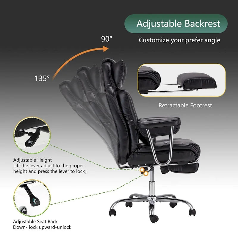 Big and Tall Leather Office Chair with Foot Rest with Adjustable Back for People up to 400 lbs