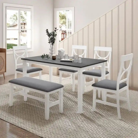 6-Piece Wood Dining Table Set Kitchen Table Set with Upholstered Bench and 4 Dining Chairs