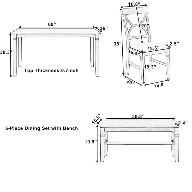 6-Piece Wood Dining Table Set Kitchen Table Set with Upholstered Bench and 4 Dining Chairs