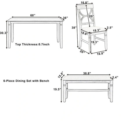 6-Piece Wood Dining Table Set Kitchen Table Set with Upholstered Bench and 4 Dining Chairs