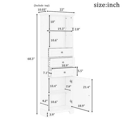 10 in. W x 22 in. D x 68.3 in. H White MDF Linen Cabinet with 3 Drawers and Adjustable Shelves