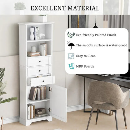 10 in. W x 22 in. D x 68.3 in. H White MDF Linen Cabinet with 3 Drawers and Adjustable Shelves