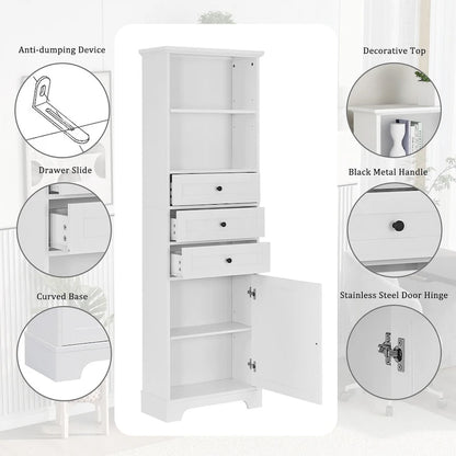 10 in. W x 22 in. D x 68.3 in. H White MDF Linen Cabinet with 3 Drawers and Adjustable Shelves