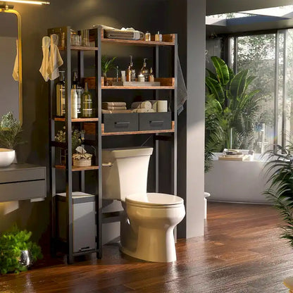 31  W Over the Toilet Storage Shelf with 2 Drawers and 4 Hooks for Restroom and Laundry