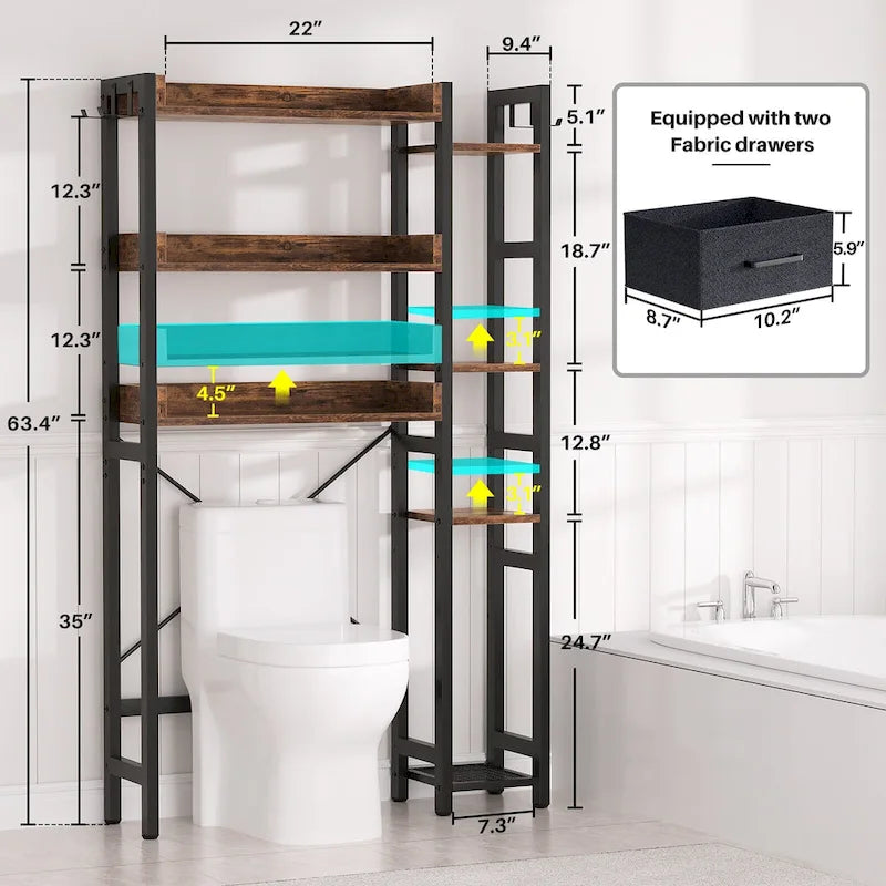 31  W Over the Toilet Storage Shelf with 2 Drawers and 4 Hooks for Restroom and Laundry