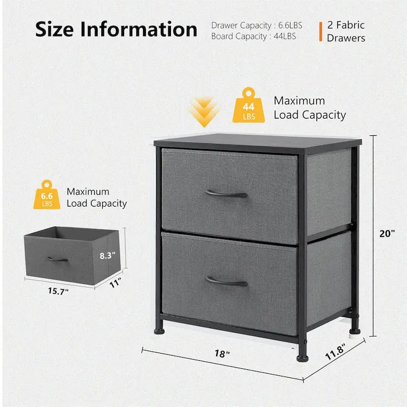 Nightstand, 2 Drawer Dresser Night Stand, End Table with Fabric Bins for Bedroom, Closet, Entryway, College Dorm