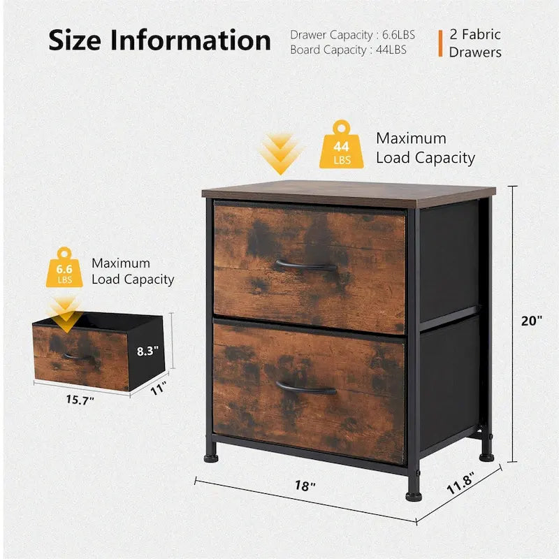 Nightstand, 2 Drawer Dresser Night Stand, End Table with Fabric Bins for Bedroom, Closet, Entryway, College Dorm
