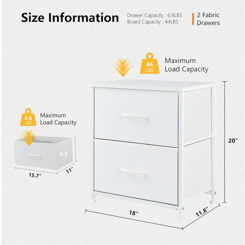 Nightstand, 2 Drawer Dresser Night Stand, End Table with Fabric Bins for Bedroom, Closet, Entryway, College Dorm