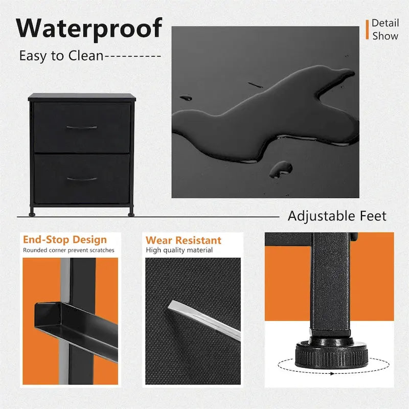 Nightstand, 2 Drawer Dresser Night Stand, End Table with Fabric Bins for Bedroom, Closet, Entryway, College Dorm