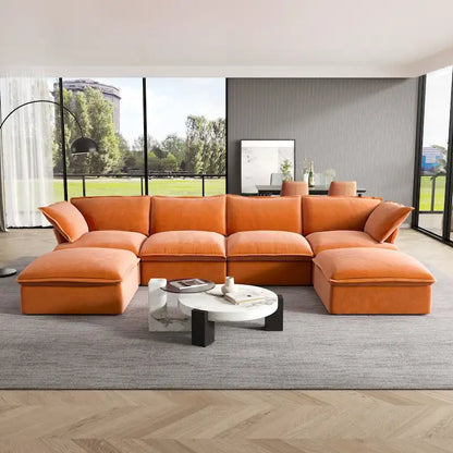 U-shaped Velvet Cloud Sectional Sofa, Down Feather Wide Deep Seat Convertible Couch with 2 Storage Ottomans.
