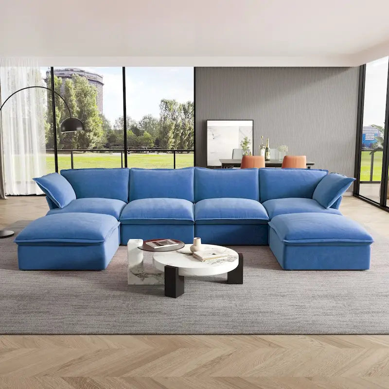 U-shaped Velvet Cloud Sectional Sofa, Down Feather Wide Deep Seat Convertible Couch with 2 Storage Ottomans.