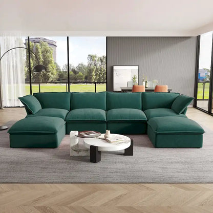 U-shaped Velvet Cloud Sectional Sofa, Down Feather Wide Deep Seat Convertible Couch with 2 Storage Ottomans.