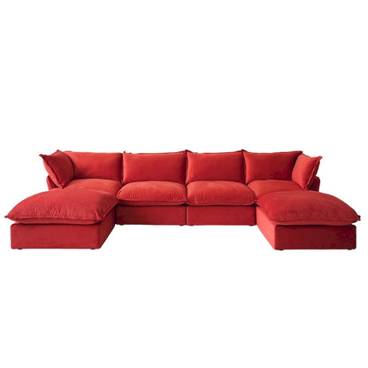 U-shaped Velvet Cloud Sectional Sofa, Down Feather Wide Deep Seat Convertible Couch with 2 Storage Ottomans.