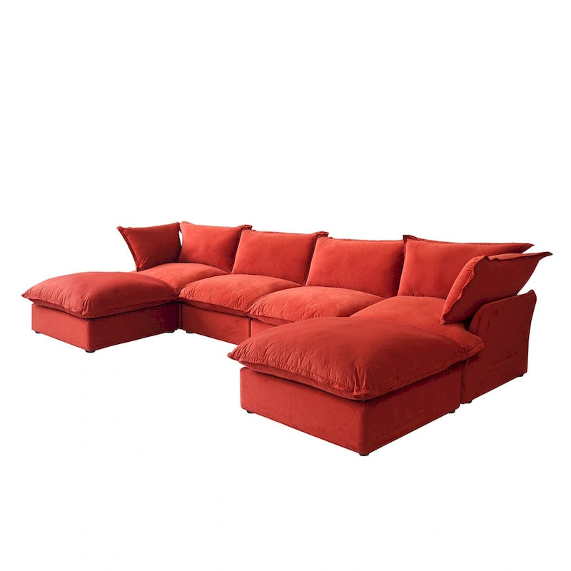 U-shaped Velvet Cloud Sectional Sofa, Down Feather Wide Deep Seat Convertible Couch with 2 Storage Ottomans.