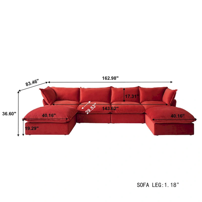 U-shaped Velvet Cloud Sectional Sofa, Down Feather Wide Deep Seat Convertible Couch with 2 Storage Ottomans.