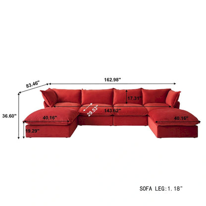 U-shaped Velvet Cloud Sectional Sofa, Down Feather Wide Deep Seat Convertible Couch with 2 Storage Ottomans.