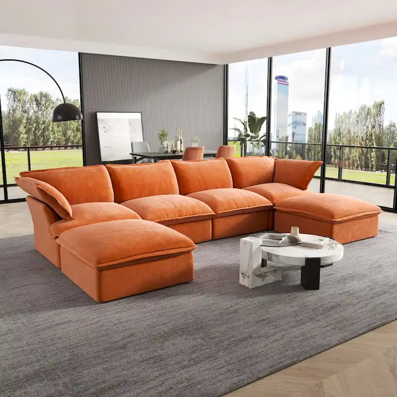 U-shaped Velvet Cloud Sectional Sofa, Down Feather Wide Deep Seat Convertible Couch with 2 Storage Ottomans.