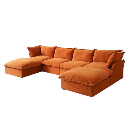 U-shaped Velvet Cloud Sectional Sofa, Down Feather Wide Deep Seat Convertible Couch with 2 Storage Ottomans.