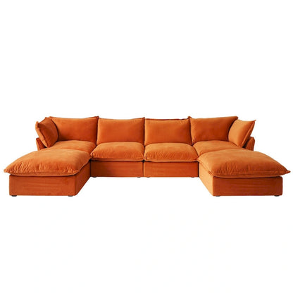 U-shaped Velvet Cloud Sectional Sofa, Down Feather Wide Deep Seat Convertible Couch with 2 Storage Ottomans.