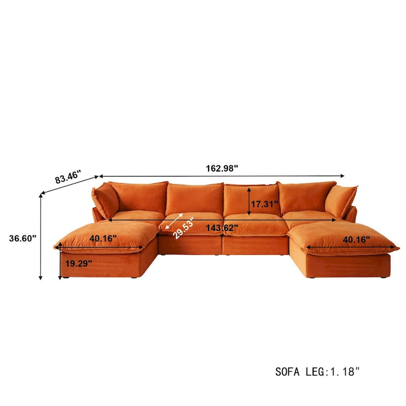U-shaped Velvet Cloud Sectional Sofa, Down Feather Wide Deep Seat Convertible Couch with 2 Storage Ottomans.