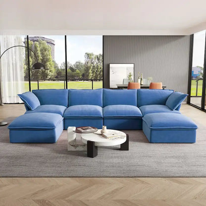 U-shaped Velvet Cloud Sectional Sofa, Down Feather Wide Deep Seat Convertible Couch with 2 Storage Ottomans.