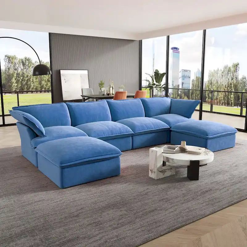 U-shaped Velvet Cloud Sectional Sofa, Down Feather Wide Deep Seat Convertible Couch with 2 Storage Ottomans.