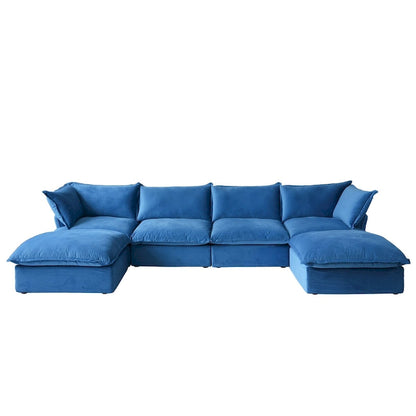 U-shaped Velvet Cloud Sectional Sofa, Down Feather Wide Deep Seat Convertible Couch with 2 Storage Ottomans.