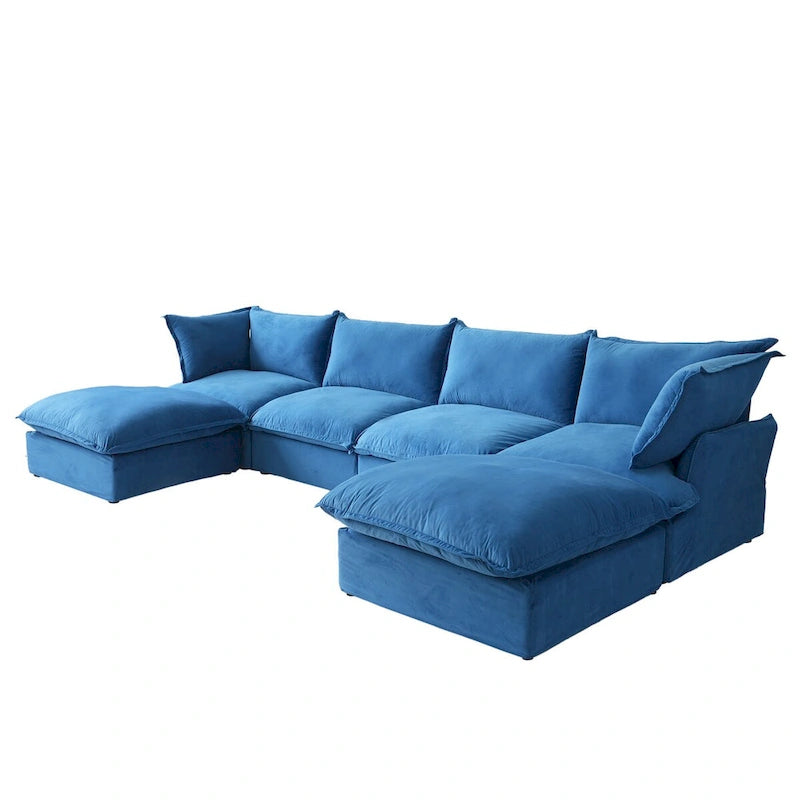 U-shaped Velvet Cloud Sectional Sofa, Down Feather Wide Deep Seat Convertible Couch with 2 Storage Ottomans.