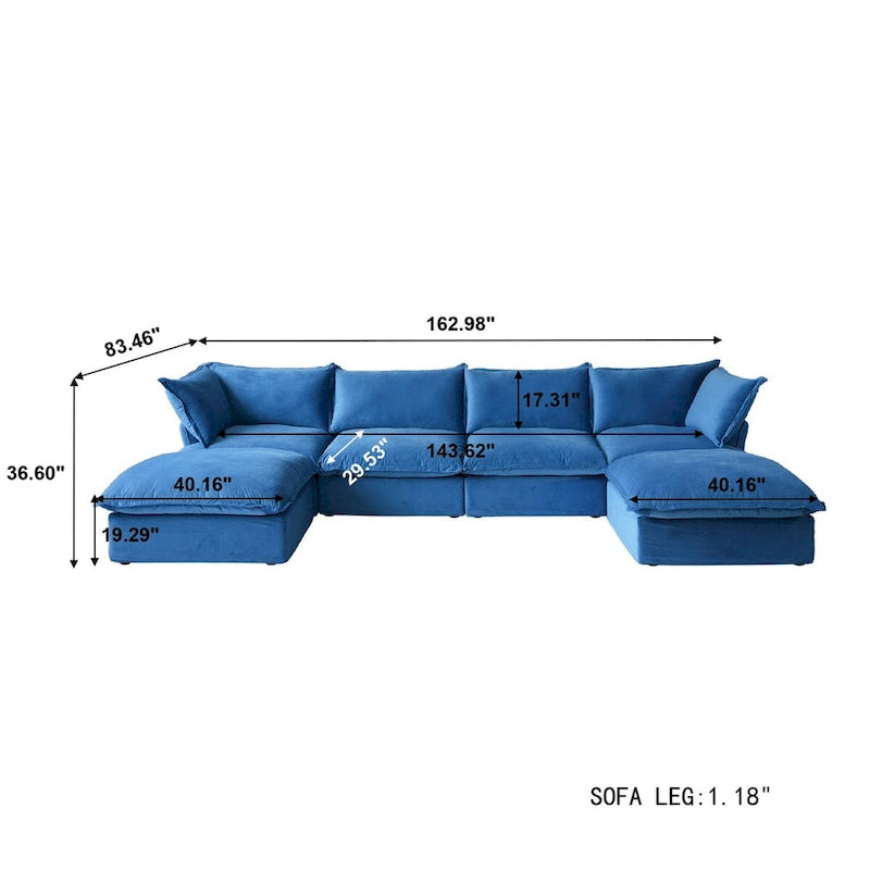 U-shaped Velvet Cloud Sectional Sofa, Down Feather Wide Deep Seat Convertible Couch with 2 Storage Ottomans.