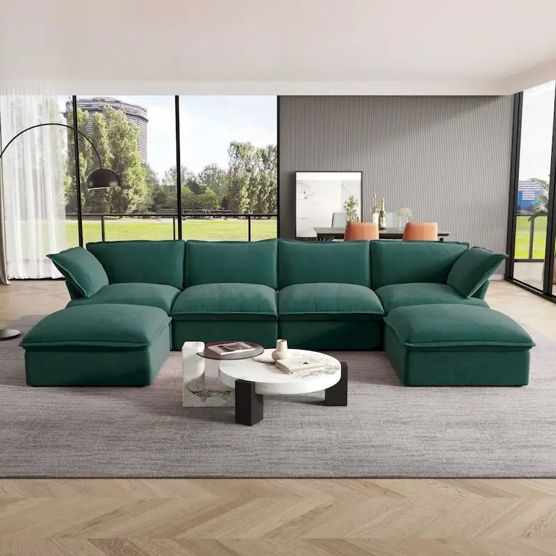 U-shaped Velvet Cloud Sectional Sofa, Down Feather Wide Deep Seat Convertible Couch with 2 Storage Ottomans.