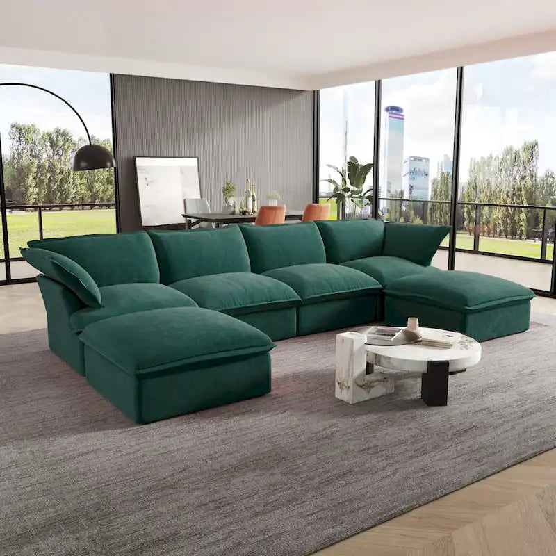 U-shaped Velvet Cloud Sectional Sofa, Down Feather Wide Deep Seat Convertible Couch with 2 Storage Ottomans.