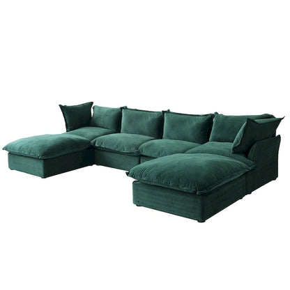 U-shaped Velvet Cloud Sectional Sofa, Down Feather Wide Deep Seat Convertible Couch with 2 Storage Ottomans.
