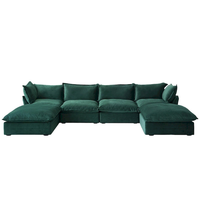 U-shaped Velvet Cloud Sectional Sofa, Down Feather Wide Deep Seat Convertible Couch with 2 Storage Ottomans.
