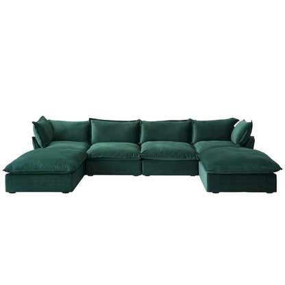 U-shaped Velvet Cloud Sectional Sofa, Down Feather Wide Deep Seat Convertible Couch with 2 Storage Ottomans.